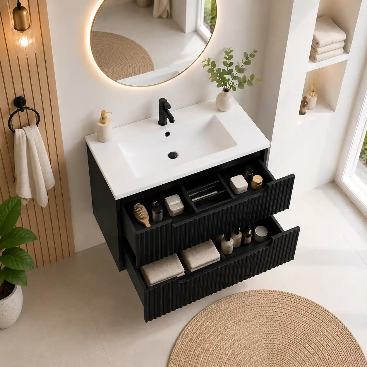 Meuble simple 80 cm avec vasque encastrée et 2 tiroirs Nova noir