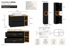 Ensemble salle de bain Nova noir et chêne 100 cm vasque à poser avec colonne