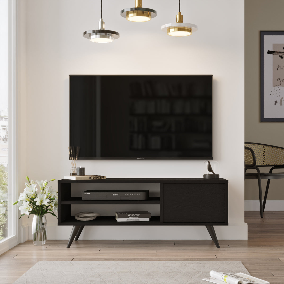 noir-Design fonctionnel du meuble TV HALCYON avec stockage multimédia