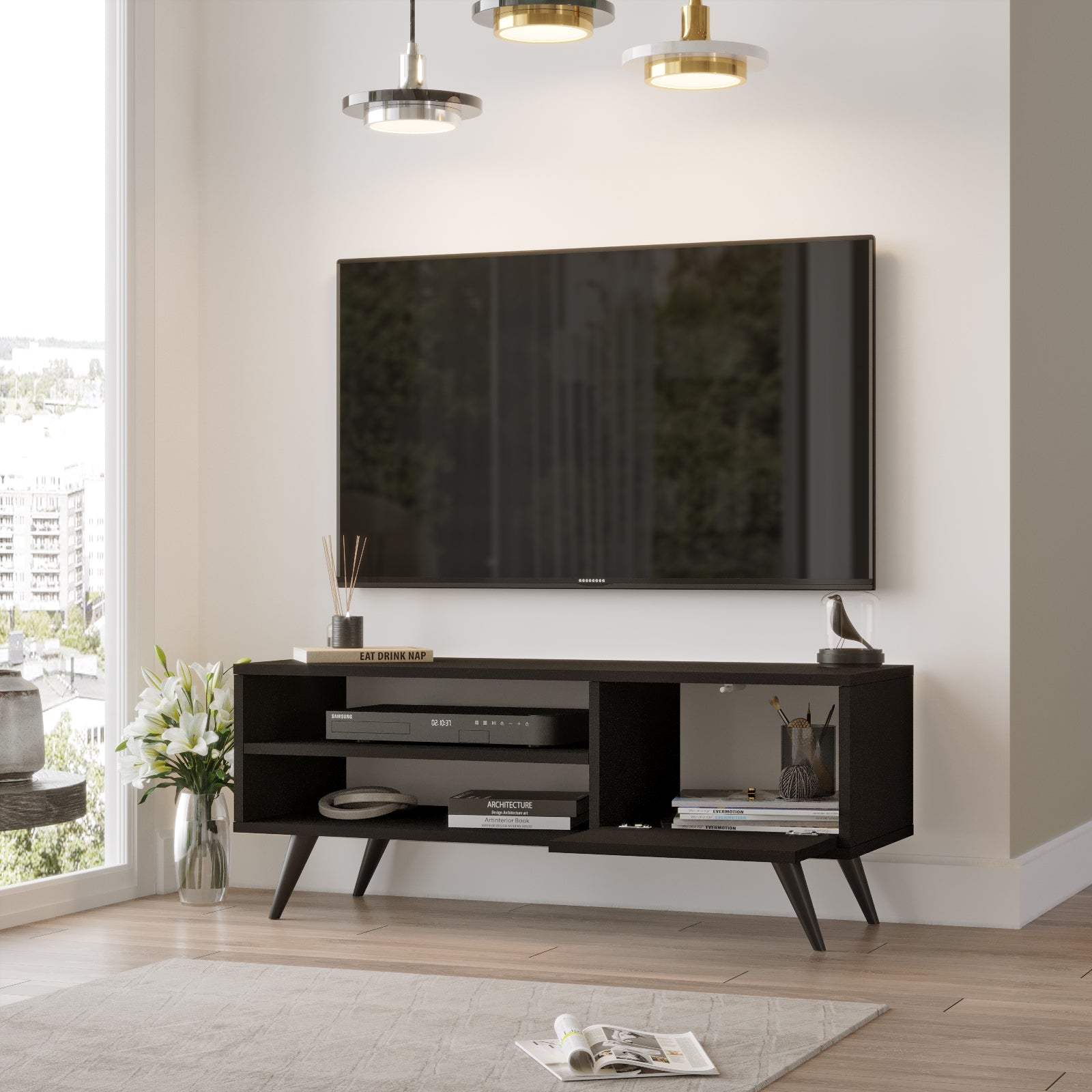 noir-Design fonctionnel du meuble TV HALCYON avec stockage multimédia