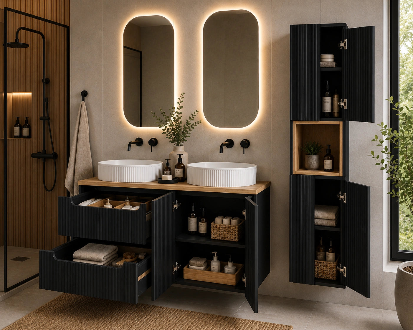 Ensemble salle de bain Nova noir et chêne 120 cm double vasque avec colonne