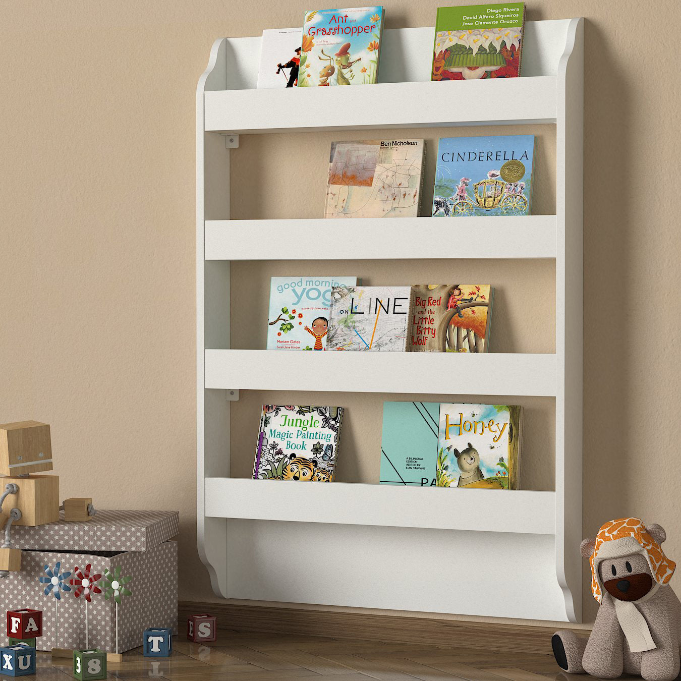Bibliothèque murale Montessori blanche en bois avec livres et jouets pour enfants