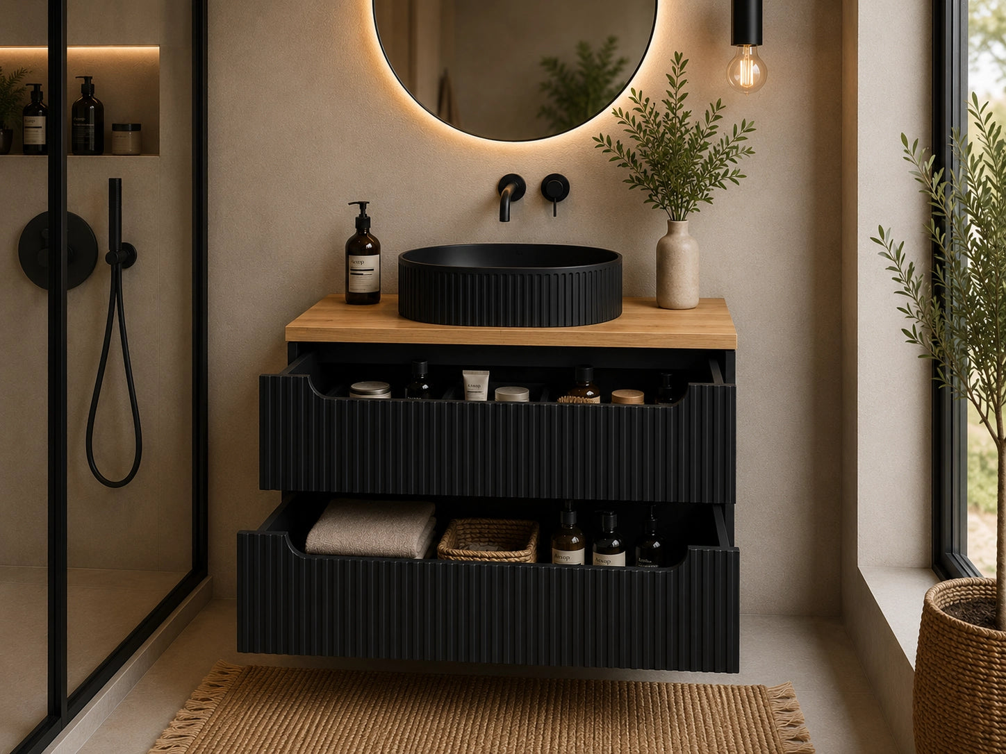 Meuble salle de bain Nova noir et chêne 80 cm vasque noire à poser