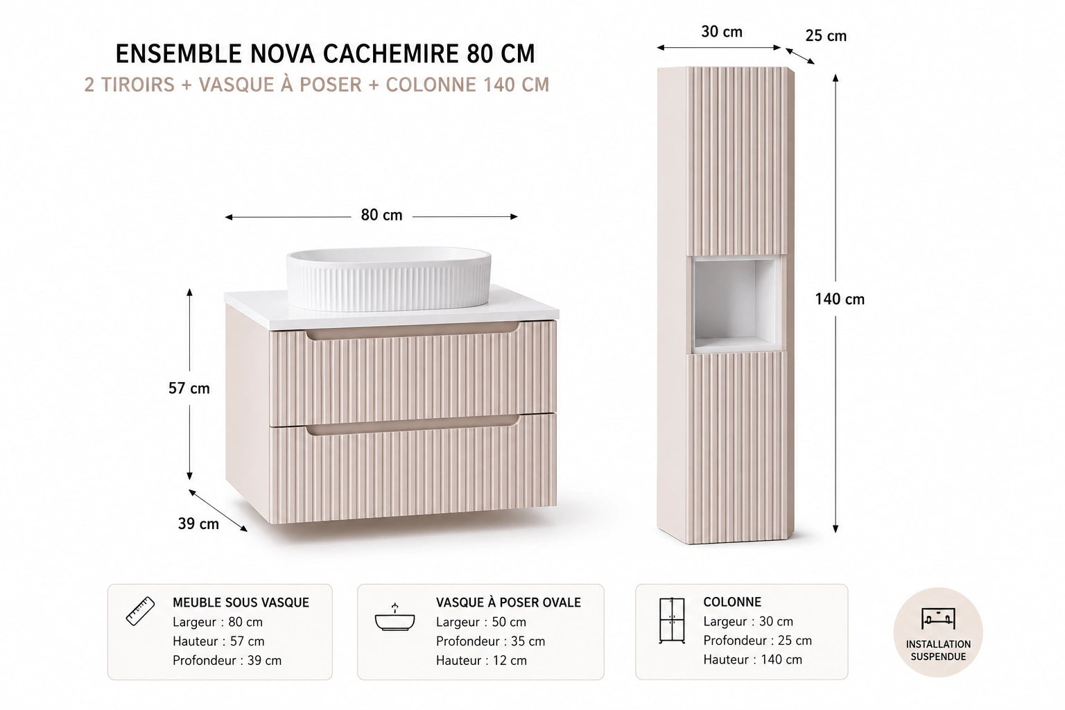 Ensemble salle de bain Nova cachemire 80 cm 2 tiroirs vasque à poser avec colonne