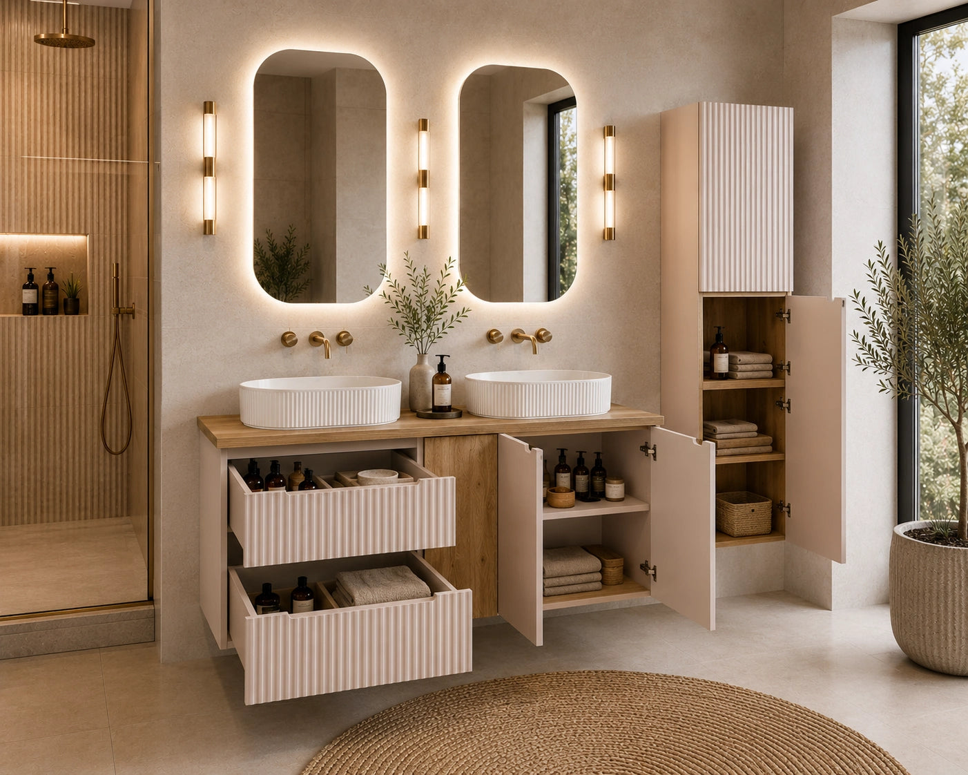 Ensemble salle de bain Nova cachemire et chêne 140 cm double vasque avec colonne