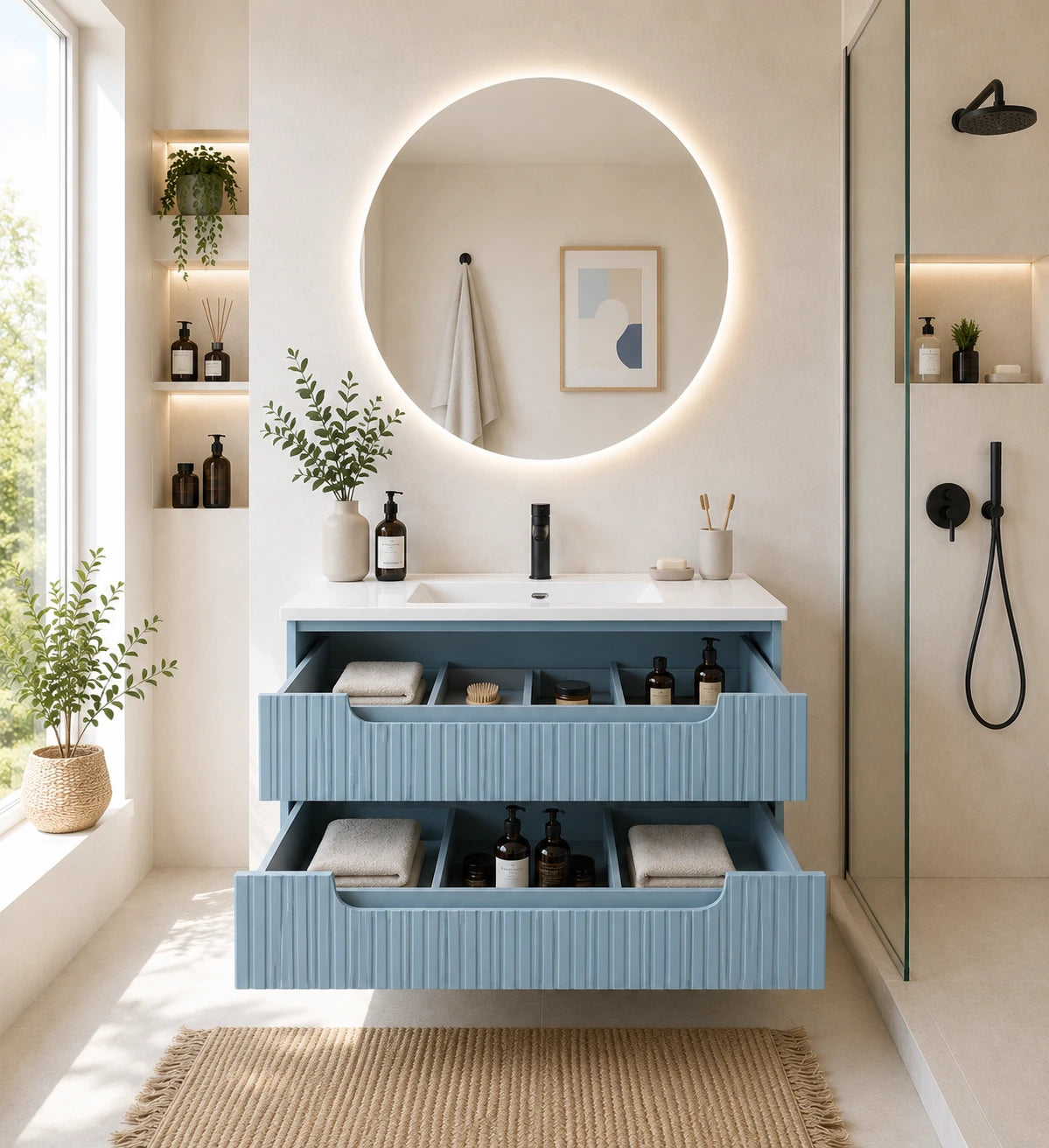 Meuble simple 60 cm avec vasque encastrée et 2 tiroirs Nova bleu sky