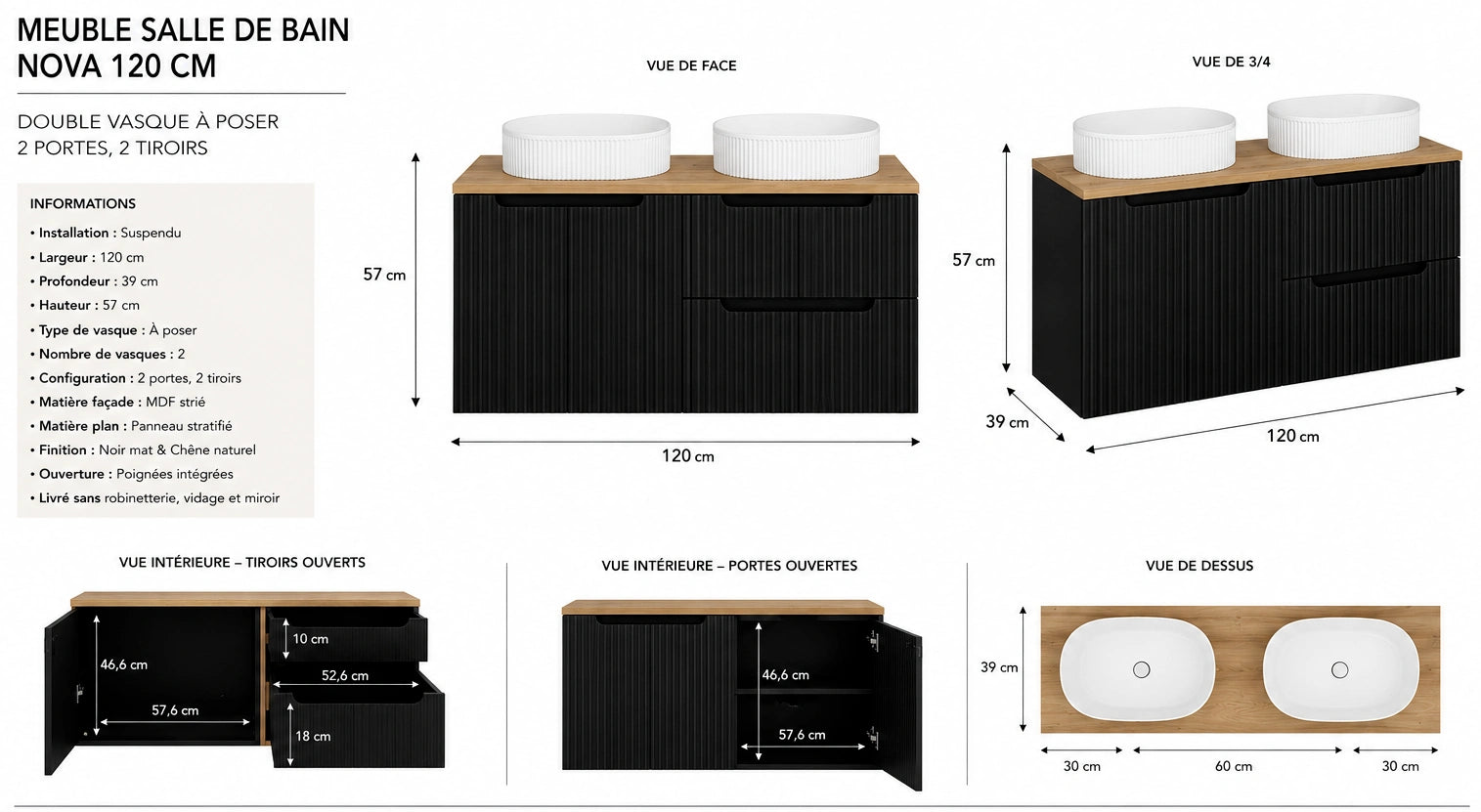 Meuble salle de bain Nova noir et chêne 120 cm double vasque à poser