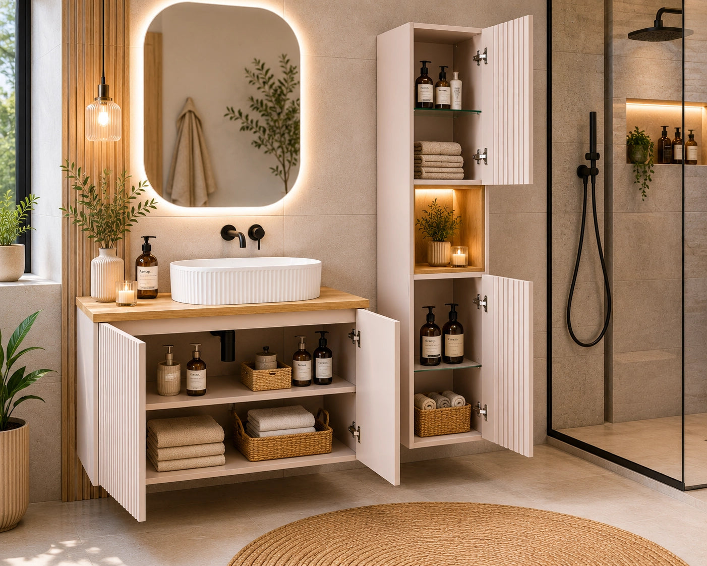 Ensemble salle de bain Nova cachemire et chêne 80 cm 2 portes avec vasque et colonne