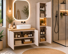 Ensemble salle de bain Nova cachemire et chêne 80 cm 2 portes avec vasque et colonne