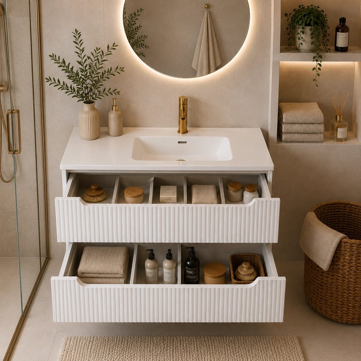 Meuble simple 60 cm avec vasque encastrée et 2 tiroirs Nova blanc