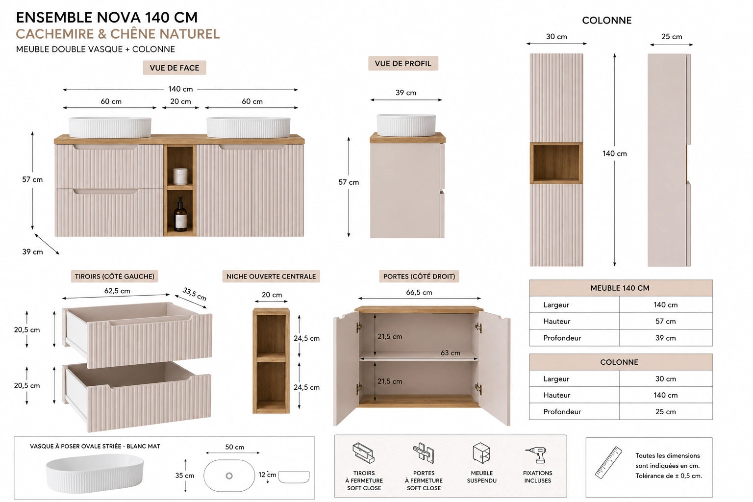 Ensemble salle de bain Nova cachemire et chêne 140 cm double vasque niche ouverte avec colonne