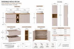 Ensemble salle de bain Nova cachemire et chêne 140 cm double vasque niche ouverte avec colonne