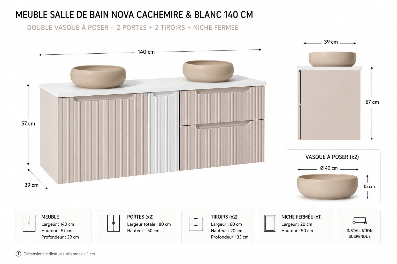 Meuble salle de bain Nova cachemire et blanc 140 cm double vasque niche fermée