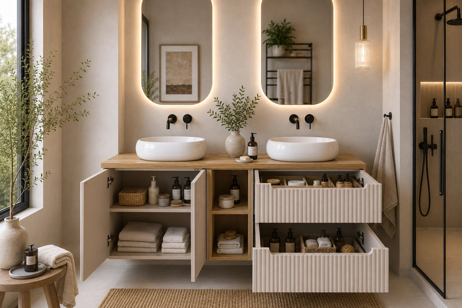 Meuble salle de bain Nova cachemire et chêne 140 cm double vasque niche ouverte