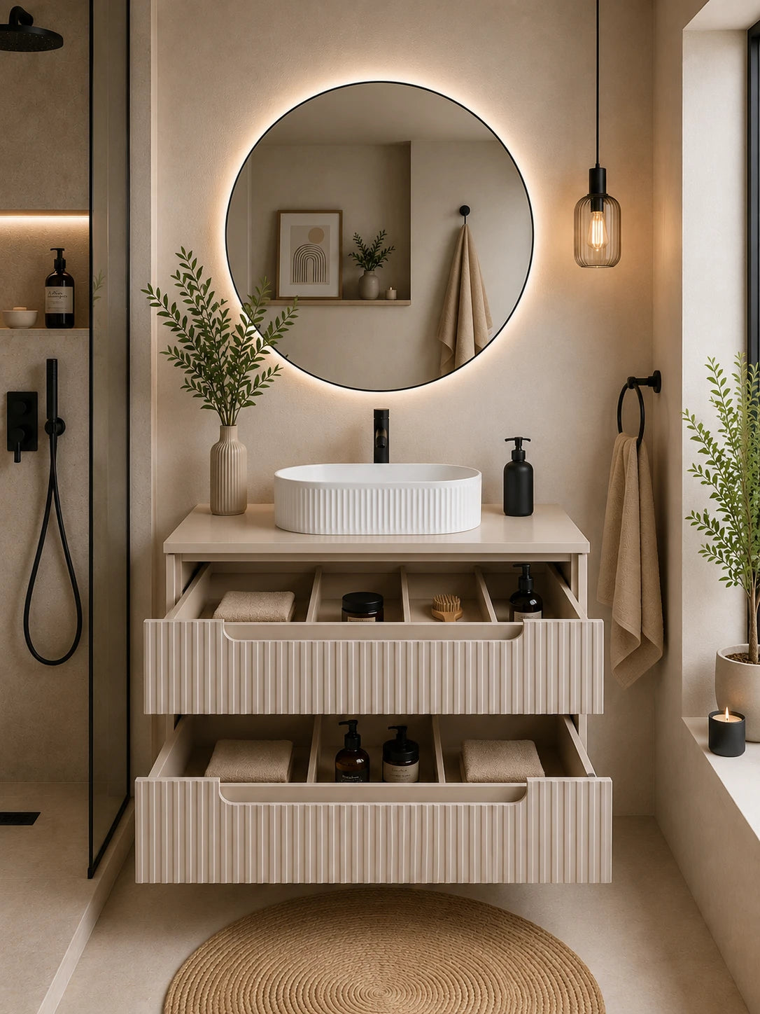 Meuble simple 80 cm avec vasque à poser et 2 tiroirs Nova cachemire