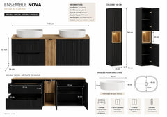 Ensemble salle de bain Nova noir et chêne 140 cm double vasque avec colonne niche fermée