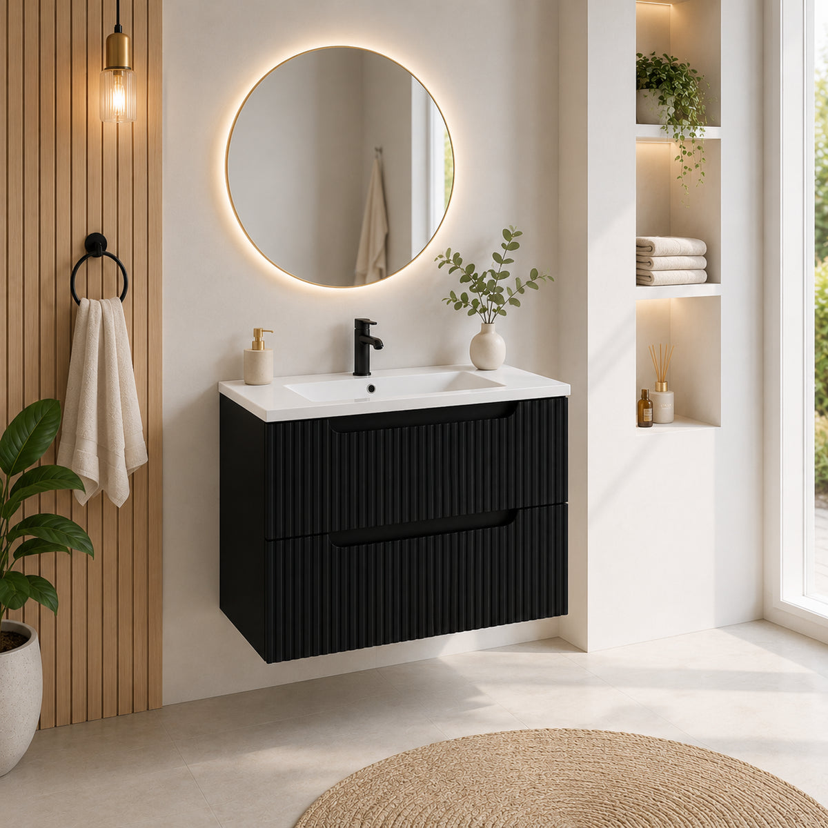 Meuble simple 80 cm avec vasque encastrée et 2 tiroirs Nova noir