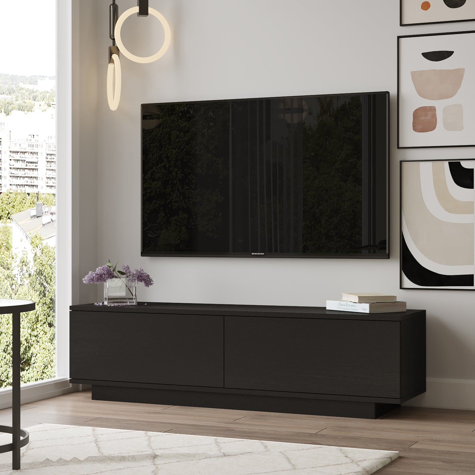 Noir-Meuble TV Celeste noir 140 cm élégant avec rangements pratiques-intégration parfaite dans un salon contemporain