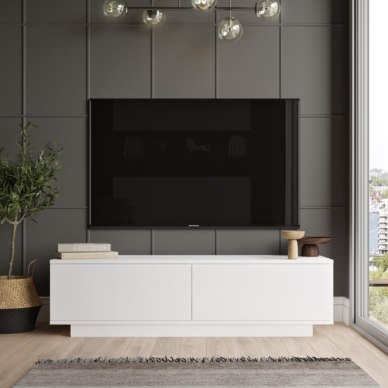 Blanc-Détail du rangement ouvert du meuble TV Celeste noir-parfait pour systèmes multimédia et accessoires