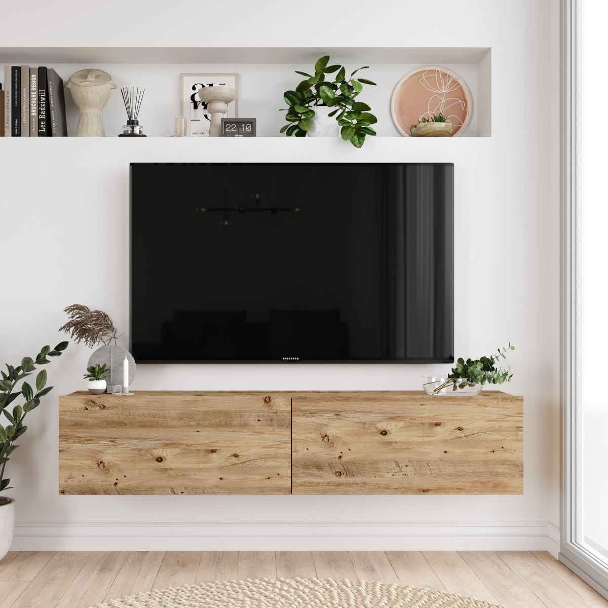 Bois-clair-meuble TV 'OASIS' suspendu en bois type naturel-design minimaliste et fonctionnel