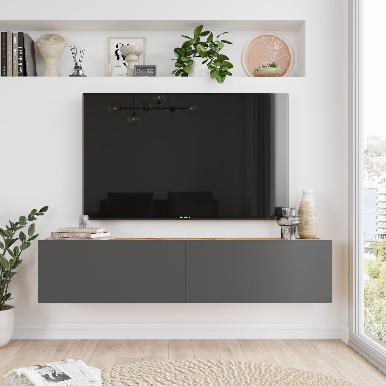 Bois-gris-Ambiance salon avec meuble TV 'OASIS' de 140 cm suspendu-style épuré et tendance