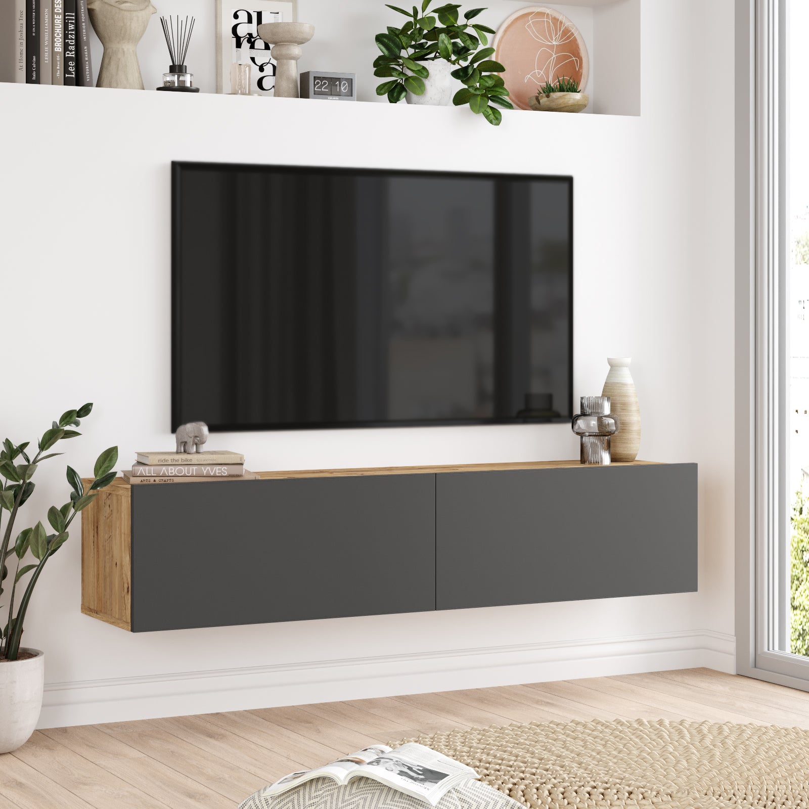 Bois-gris-Ambiance salon avec meuble TV 'OASIS' de 140 cm suspendu-style épuré et tendance