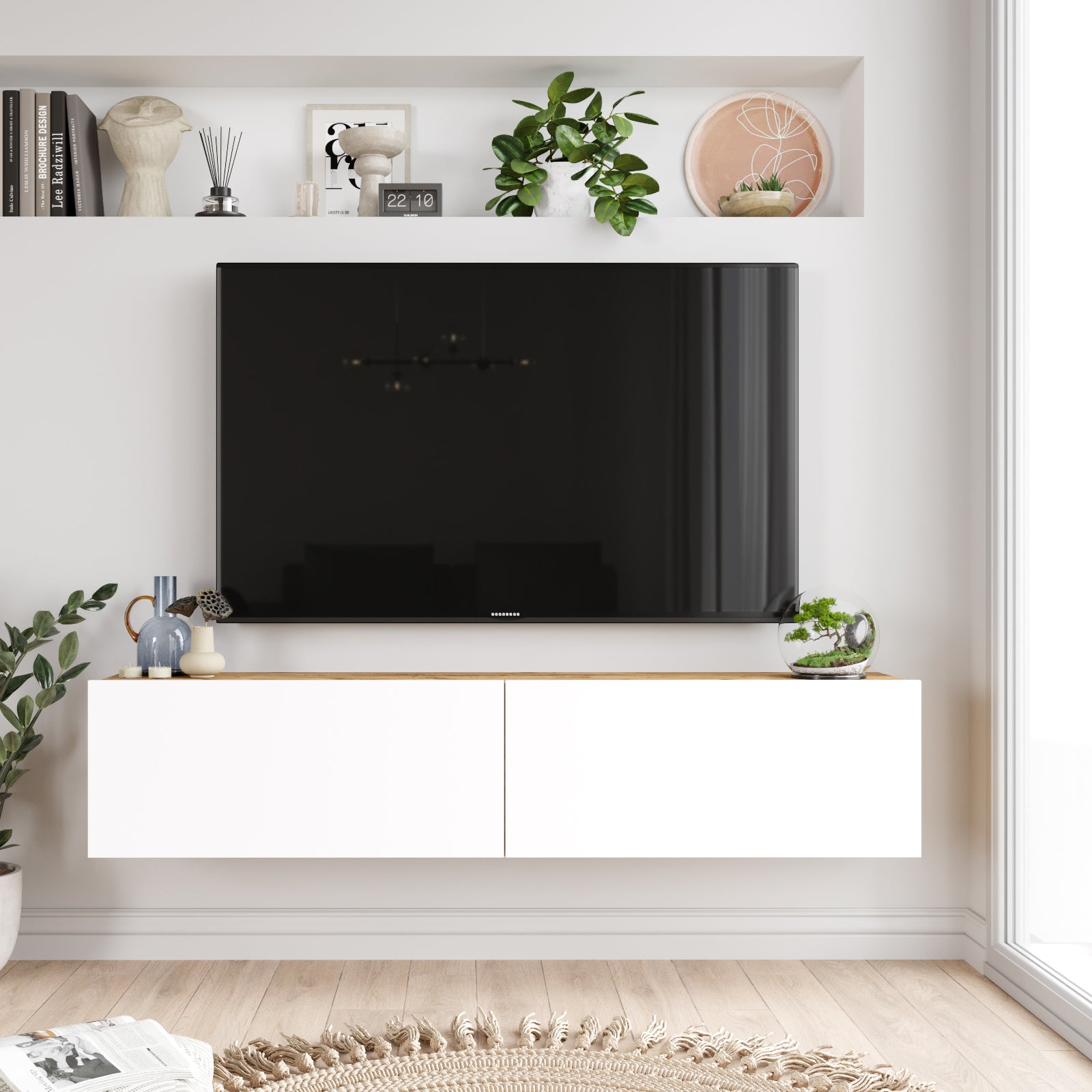 Bois-blanc-Meuble TV suspendu 'OASIS' de 140 cm en bois type naturel avec étagères ouvertes pour salon moderne