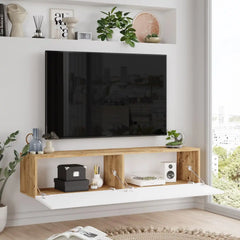 Compartiments ouverts du meuble TV suspendu Oasis avec espace de rangement