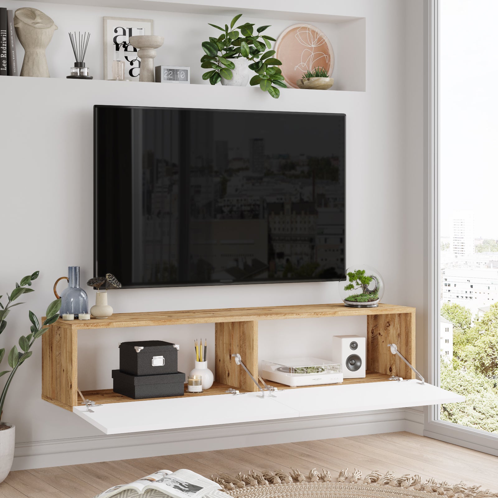Bois-blanc-Meuble TV suspendu 'OASIS' de 140 cm en bois type naturel avec étagères ouvertes pour salon moderne