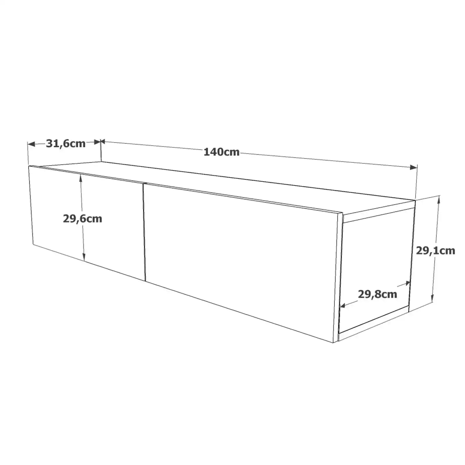 Schéma détaillé du Meuble TV suspendu Oasis avec dimensions - Largeur 140 cm, profondeur 31,6 cm, hauteur 29,6 cm