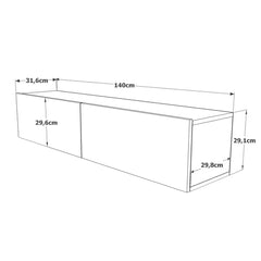 Schéma détaillé du Meuble TV suspendu Oasis avec dimensions - Largeur 140 cm, profondeur 31,6 cm, hauteur 29,6 cm