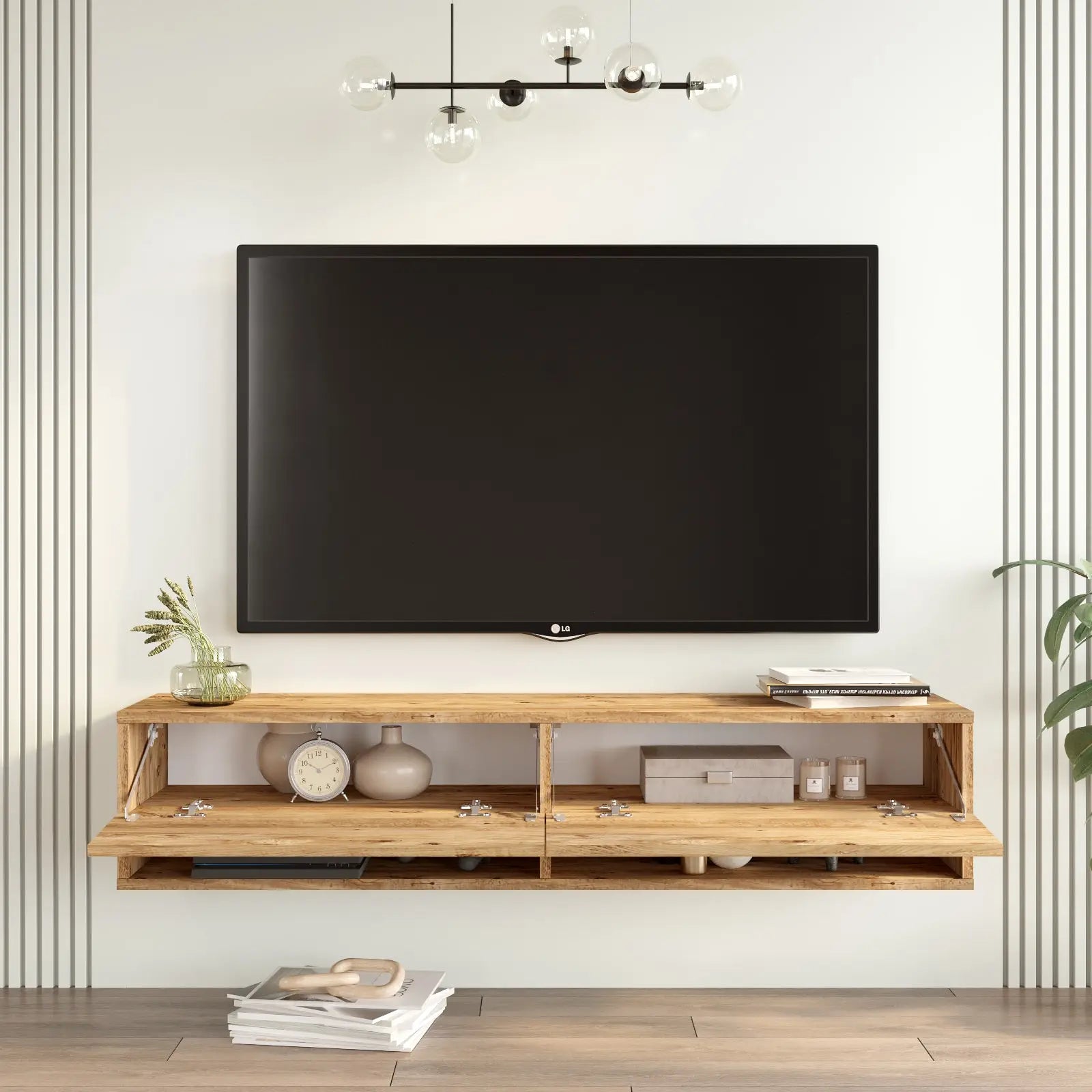 Meuble TV Elisa 140 cm – meuble TV suspendu avec tiroirs ouverts et rangement – bois brut naturel – vue fonctionnelle – LeBoMeuble