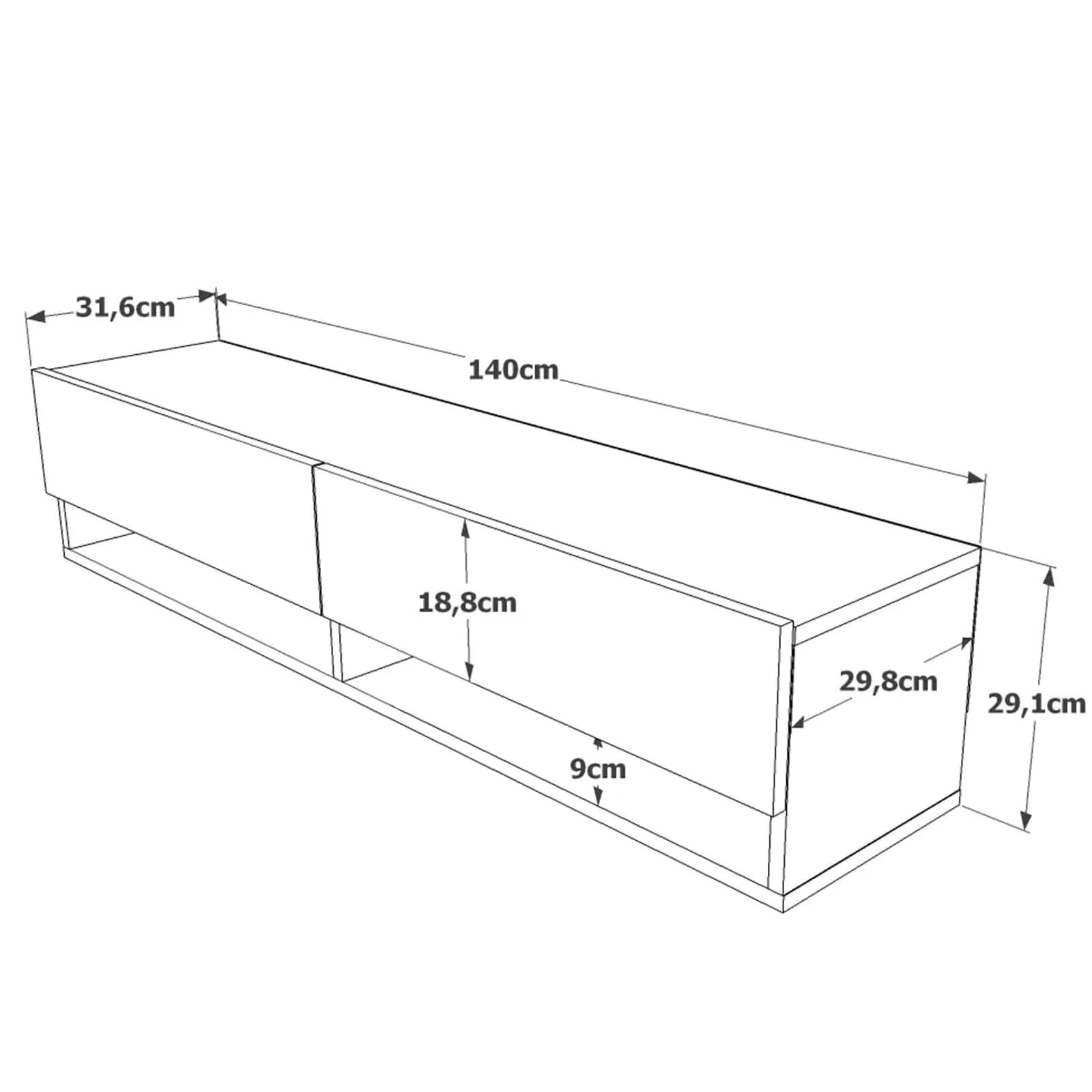 Dimensions du meuble TV suspendu Elisa – 140x31,6x29,1 cm – plan technique avec mesures précises – meuble mural bois naturel – LeBoMeuble