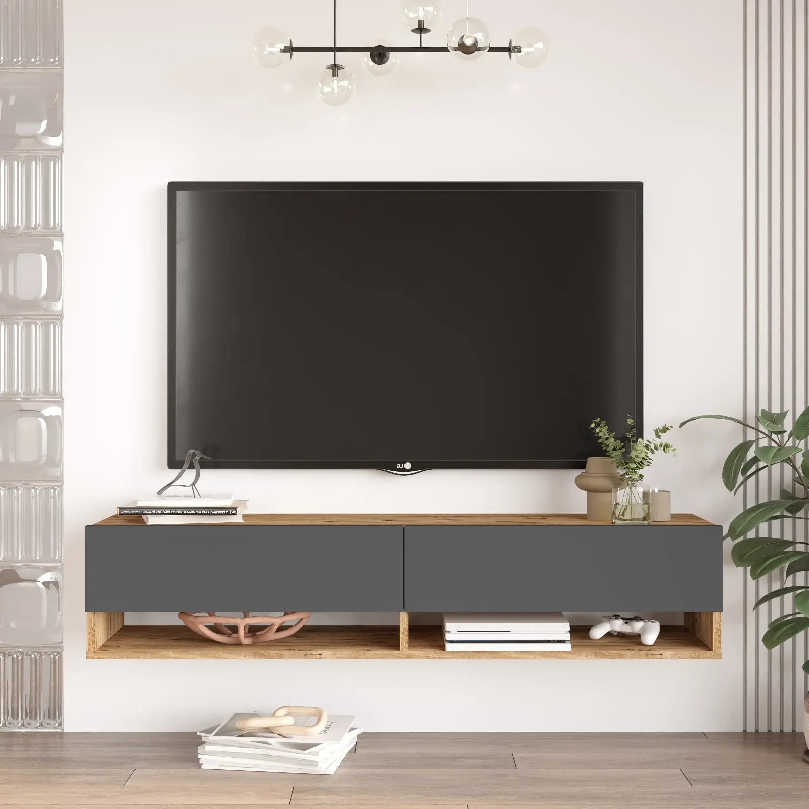 Meuble TV suspendu Elisa 140cm bois naturel et tiroirs gris – vue face - LEBOMEUBLE