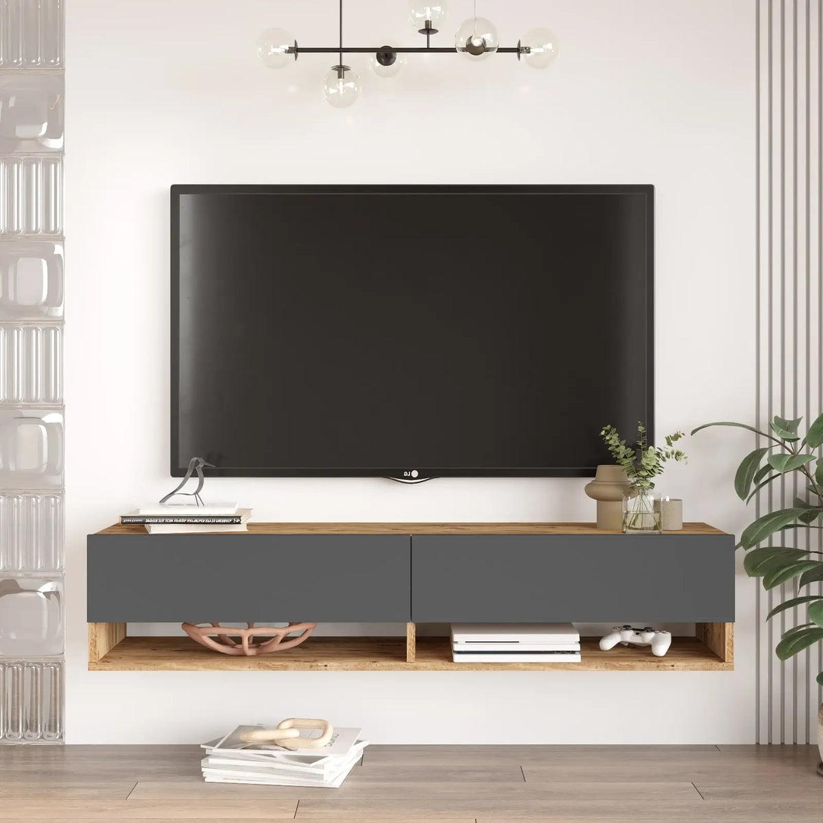 Meuble TV suspendu Elisa 140cm bois naturel et tiroirs gris – vue face - LEBOMEUBLE