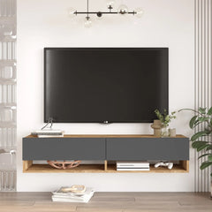 Meuble TV suspendu Elisa 140cm bois naturel et tiroirs gris – vue face - LEBOMEUBLE