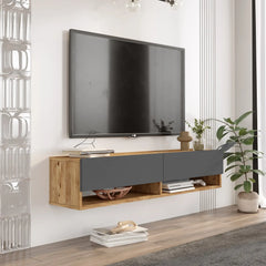 Meuble TV mural Elisa 140cm – design moderne gris anthracite et bois – vue diagonale- Lebomeuble