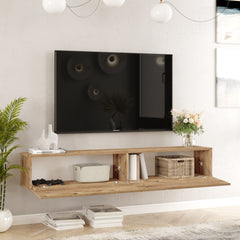 Bois clair-Meuble TV suspendu ECLYPSE noir 180cm dans un salon lumineux – LeBoMeuble