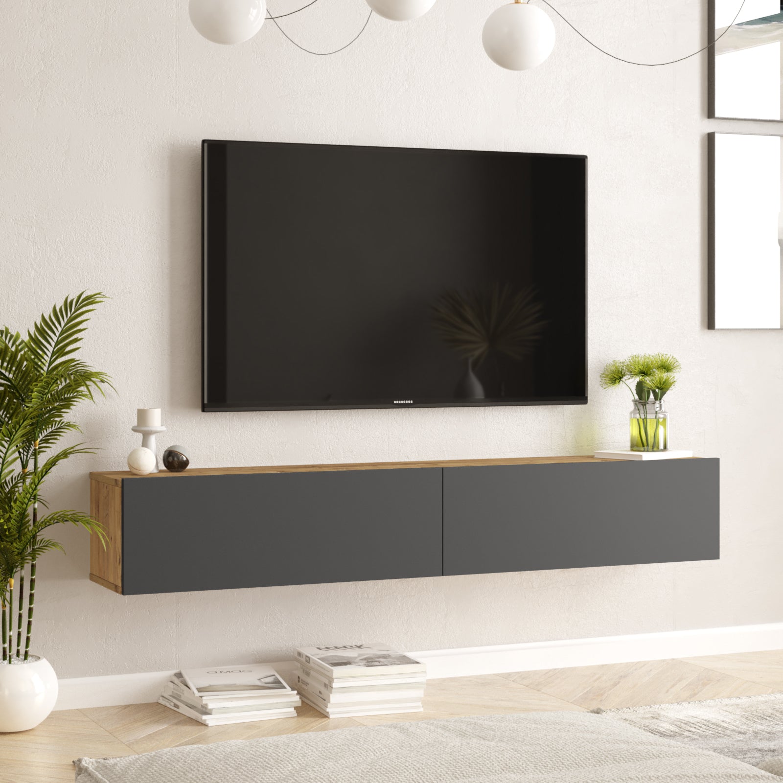 bois clair et gris-Meuble TV flottant ECLYPSE noir 180cm parfait pour un intérieur contemporain – LeBoMeuble