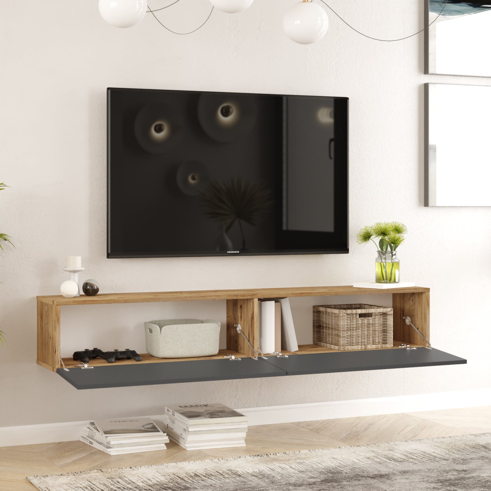 bois clair et gris-Meuble TV flottant ECLYPSE noir 180cm parfait pour un intérieur contemporain – LeBoMeuble