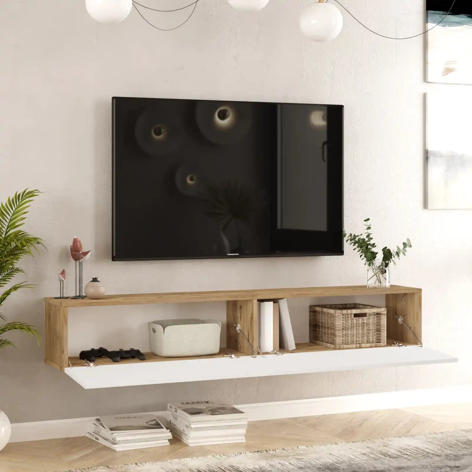 Meuble TV flottant ECLYPSE avec portes ouvertes, rangement optimisé