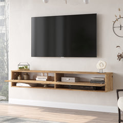 Bois clair-Meuble TV suspendu FABLE design moderne en bois naturel sous écran plat dans un salon lumineux.