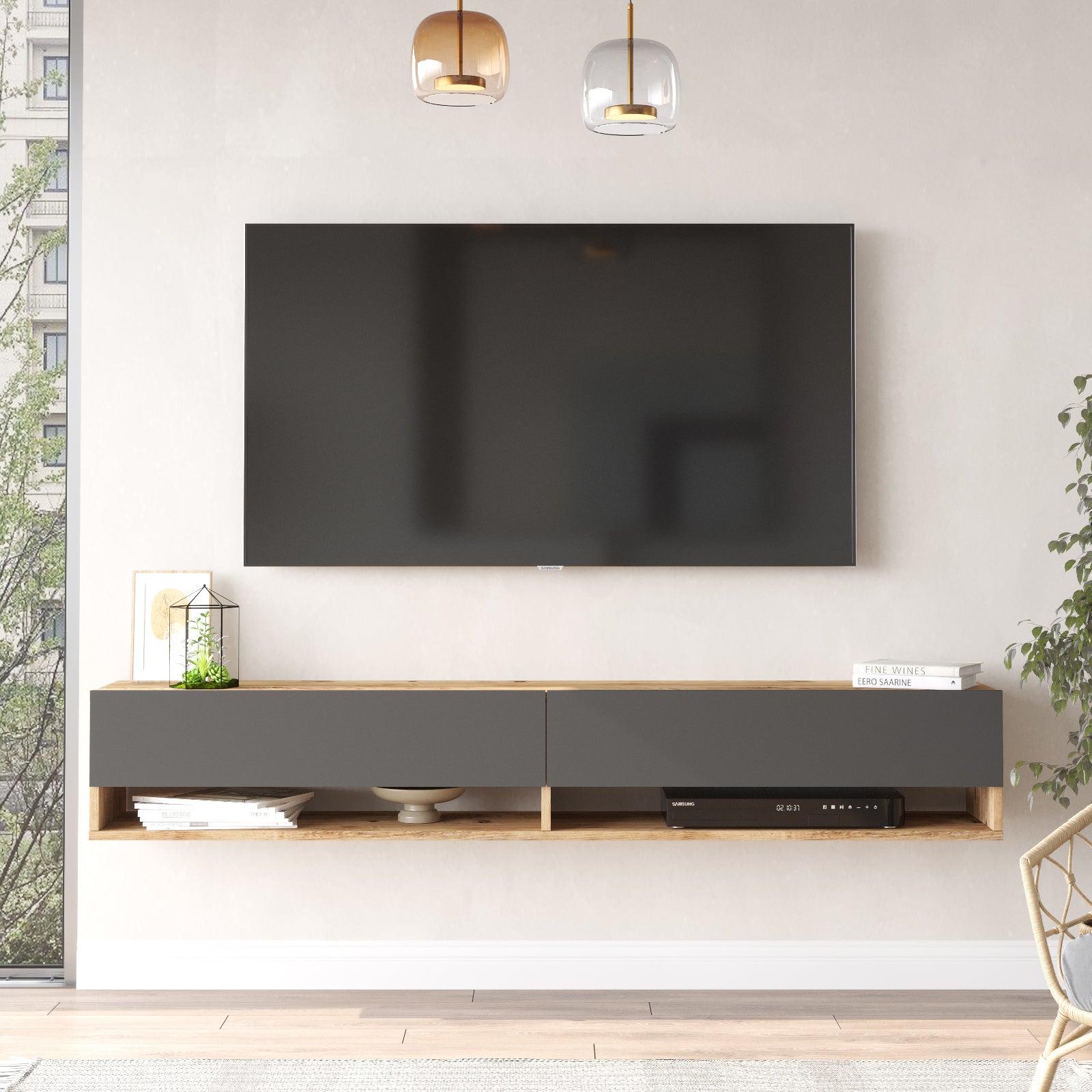 bois gris-Design minimaliste du meuble TV suspendu FABLE mettant en avant des étagères spacieuses et une texture boisée.