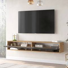 Meuble TV Fable gris et bois clair avec portes ouvertes - Rangement optimisé