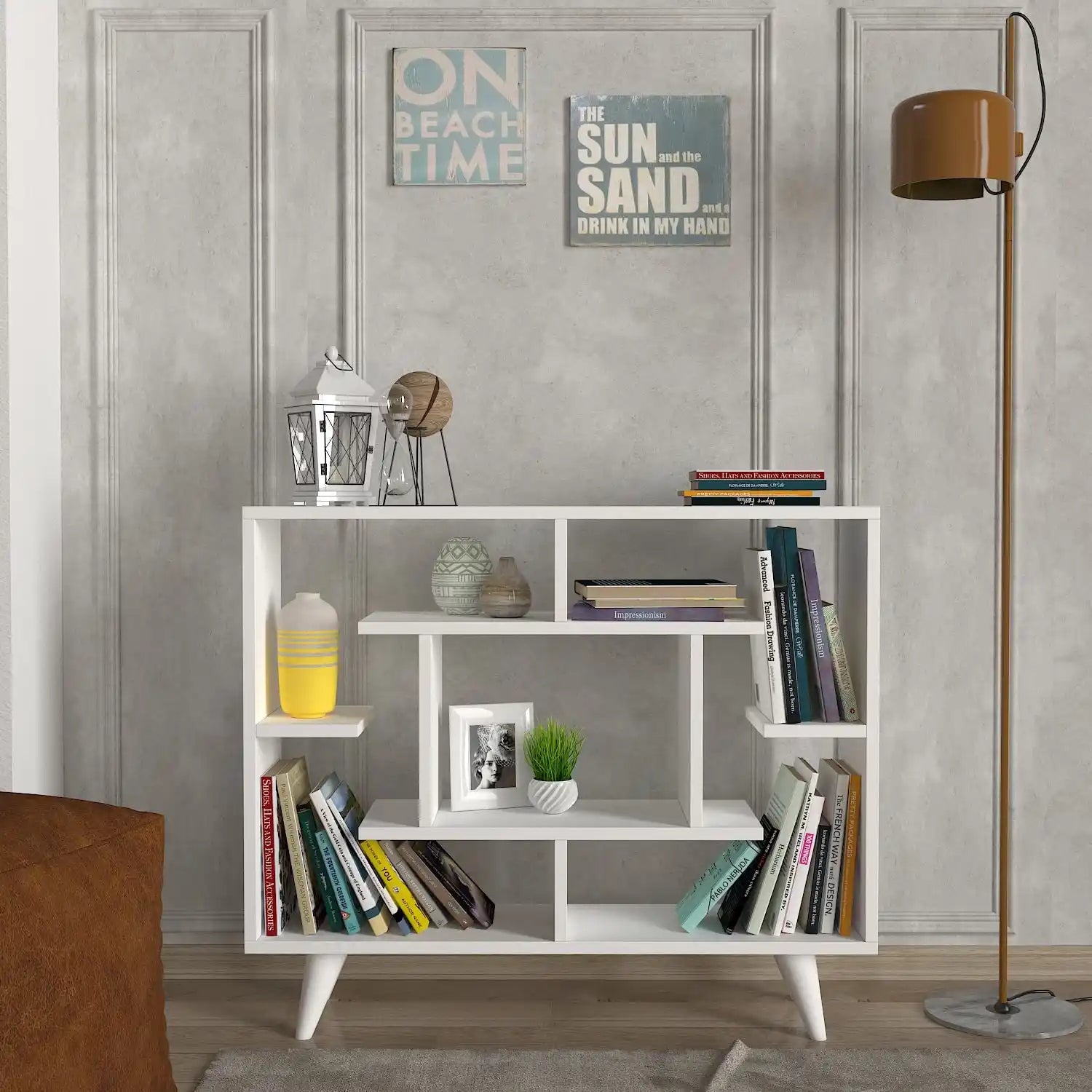Console bibliothèque SCANDICHIC blanche – meuble entrée scandinave avec étagères, style minimaliste moderne
