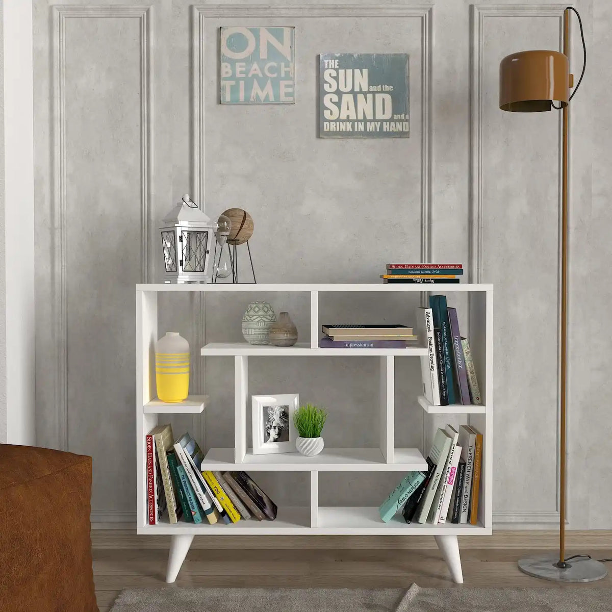Console bibliothèque SCANDICHIC blanche – meuble entrée scandinave avec étagères, style minimaliste moderne