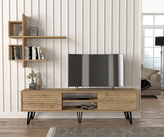 Meuble TV Horizon LeBoMeuble en bois avec rangement ouvert et fermé. Étagère en bois assortie au Meuble TV Horizon de LeBoMeuble pour salon
