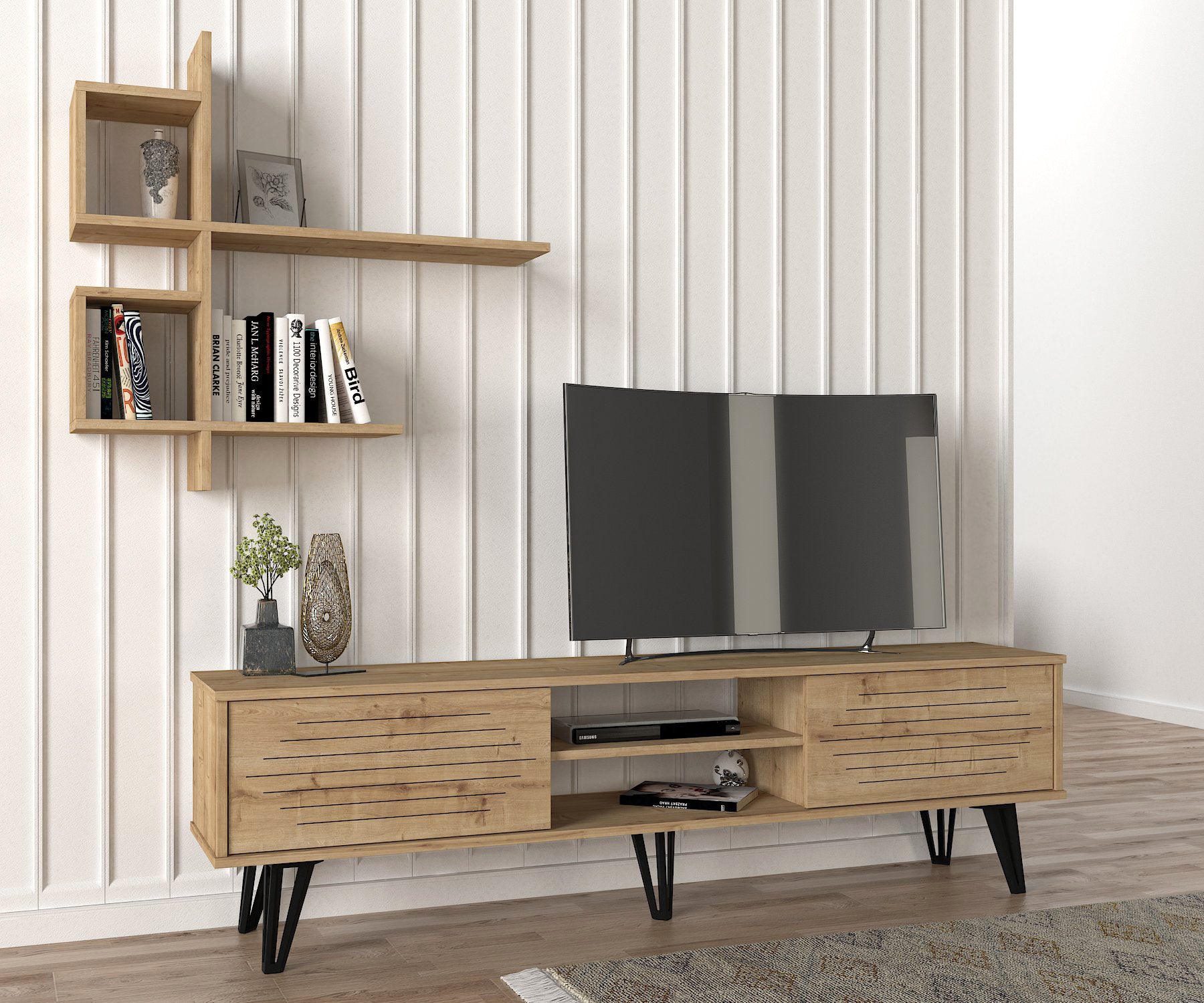 Vue avant du meuble TV Horizon LeBoMeuble avec structure en bois et pieds en métal noir