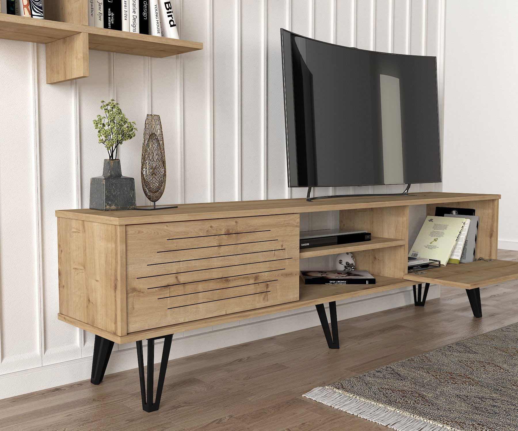 Meuble télé Horizon LeBoMeuble avec détails de tiroirs en bois naturel