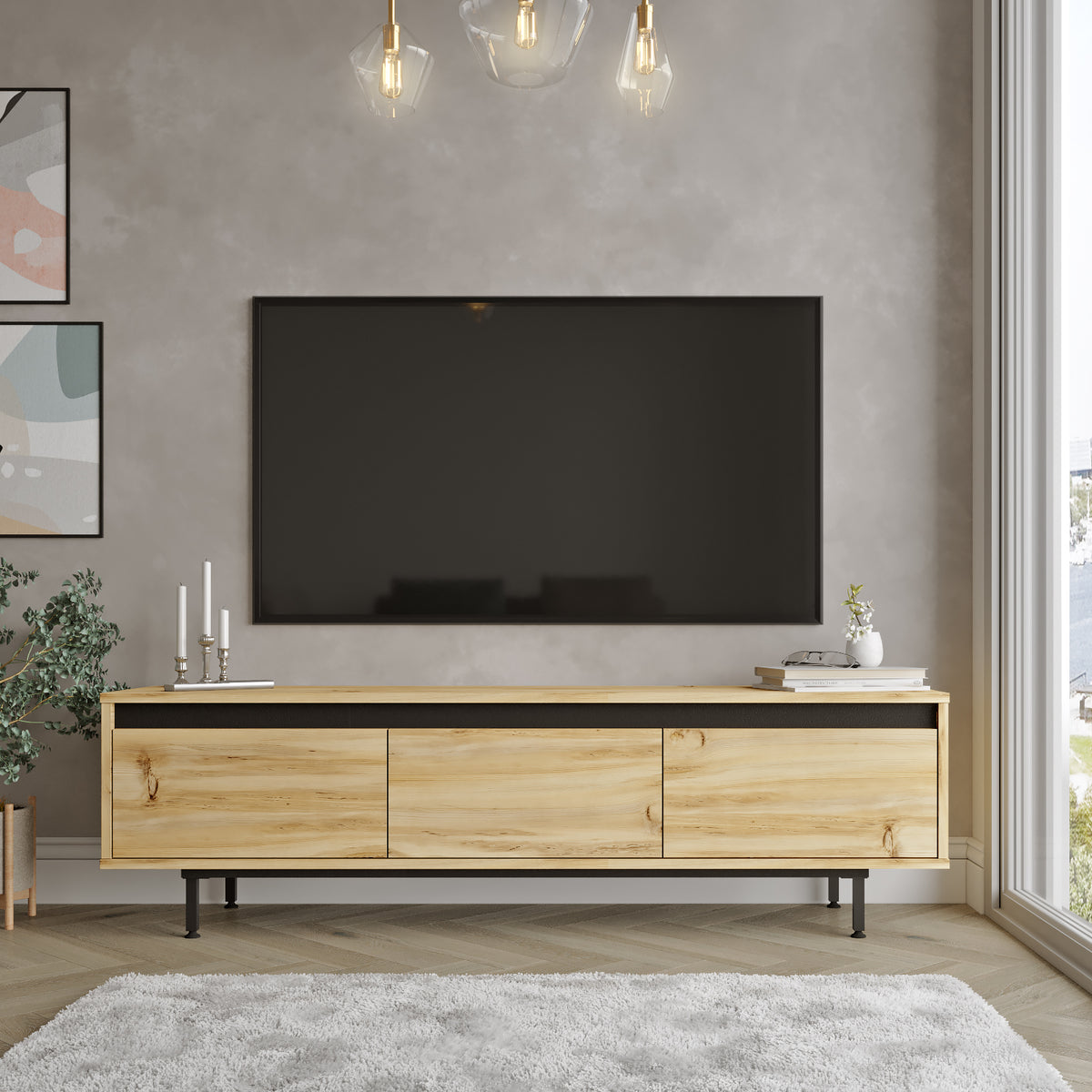 bois clair-Meuble TV MIRAGE 160cm contemporain sur pieds en acier noir avec finition bois nature
